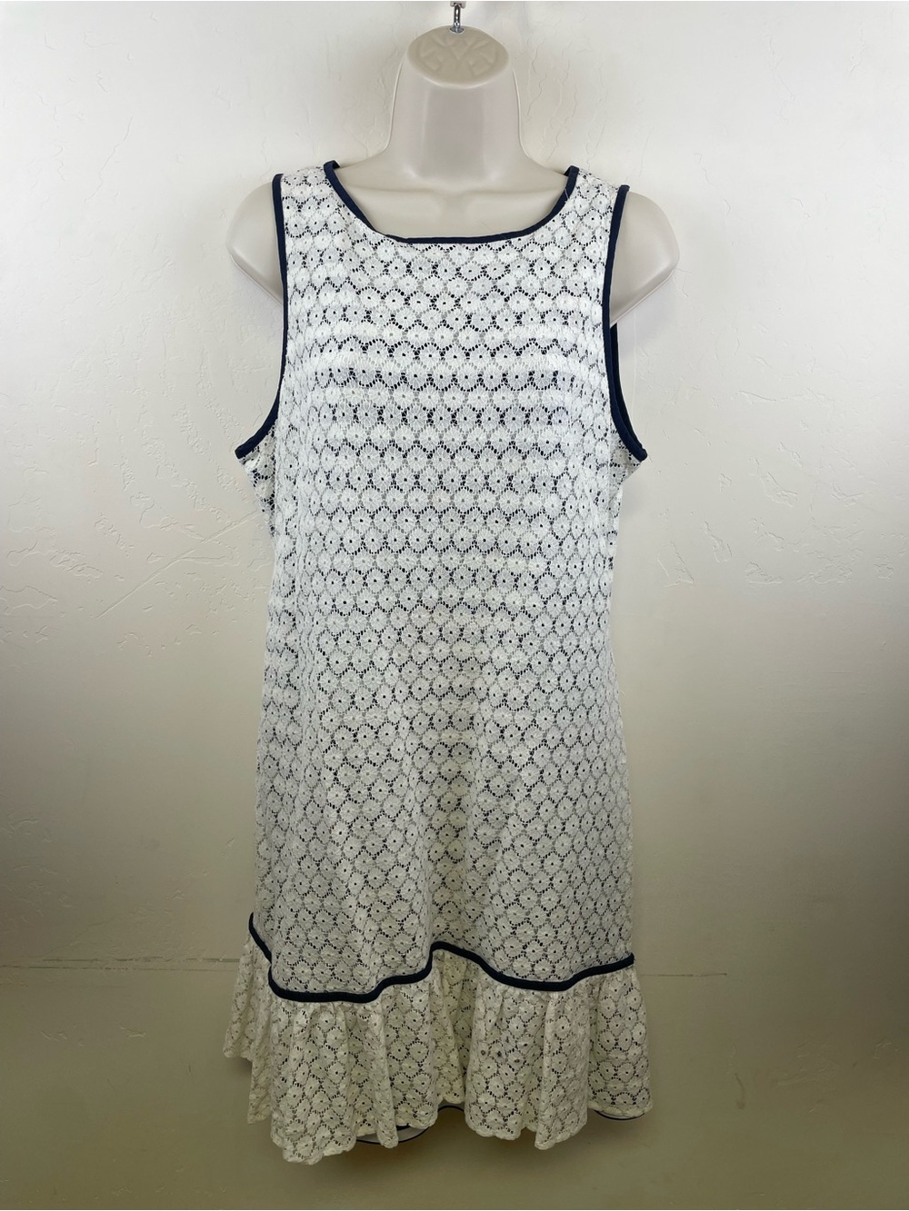 J. Taylor White lace over navy & cream under dress Sleeveless Dress Navy Trim